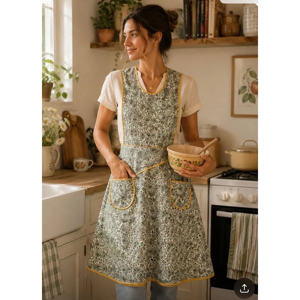Vintage Handmade Paisley Pinafore Apron Green Yellow Piping Cottagecore Smock